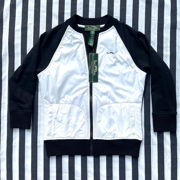 NWT Lauren Ralph Lauren Active Petites Black White Track Jacket Full Zip - Picture 1 of 10